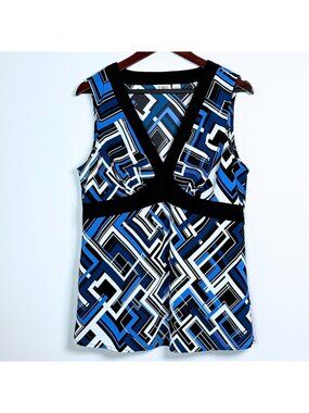 Y2K Blue Geometric Print Sleeveless Blouse Large Office Siren Business Casual